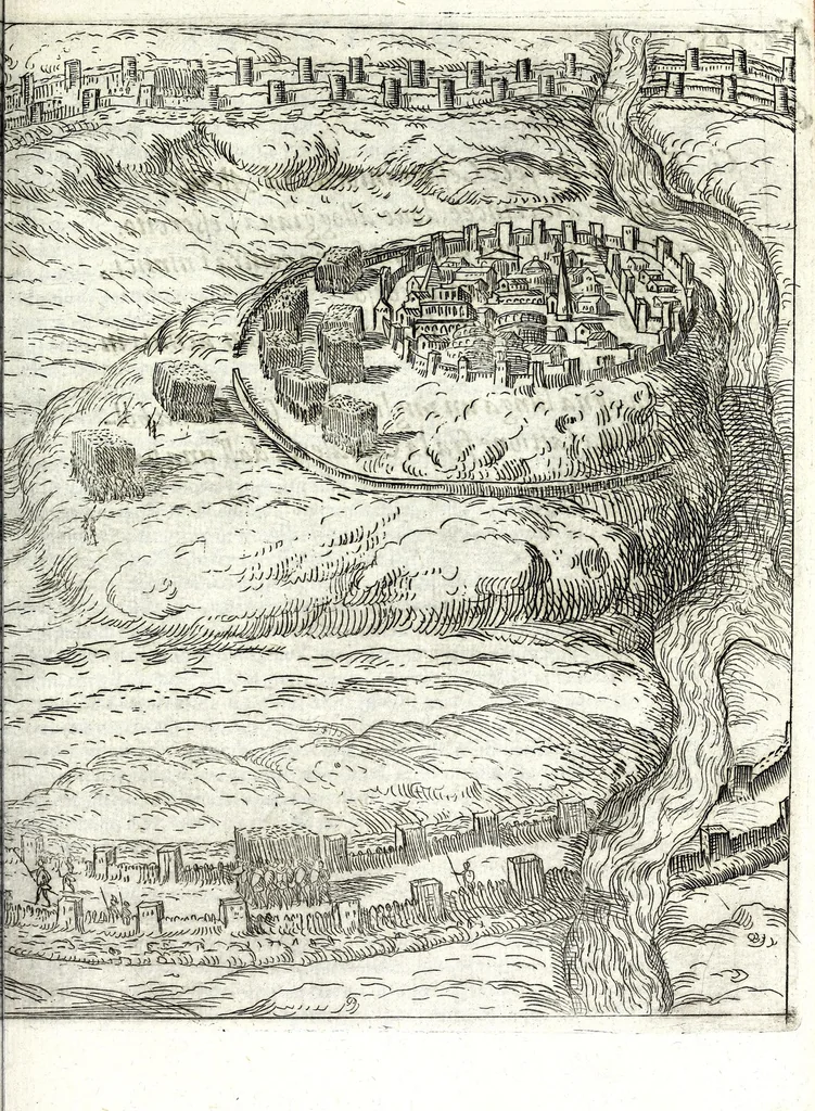 An illustration from I commentari di C. Givlio Cesare : con le figvre in rame de gli alloggiamenti, de' fatti d'arme, delle circonuallationi delle città, & di molte altre cose notabili descritte in essi, 1598, leaf 313
