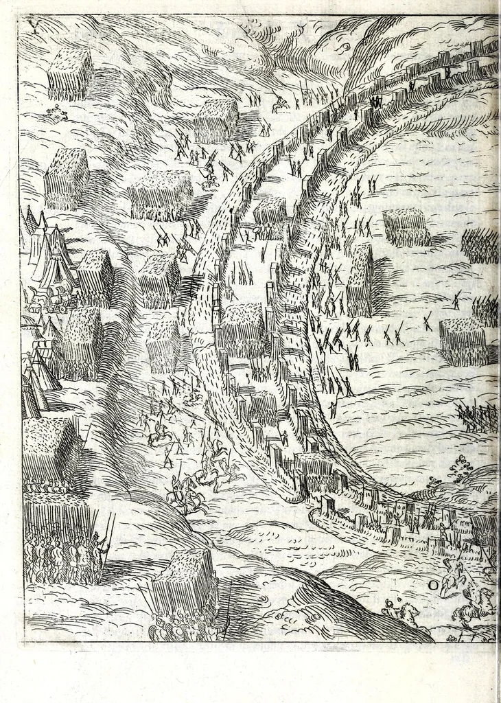 An illustration from I commentari di C. Givlio Cesare : con le figvre in rame de gli alloggiamenti, de' fatti d'arme, delle circonuallationi delle città, & di molte altre cose notabili descritte in essi, 1598, leaf 318