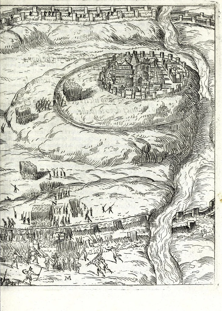 An illustration from I commentari di C. Givlio Cesare : con le figvre in rame de gli alloggiamenti, de' fatti d'arme, delle circonuallationi delle città, & di molte altre cose notabili descritte in essi, 1598, leaf 319