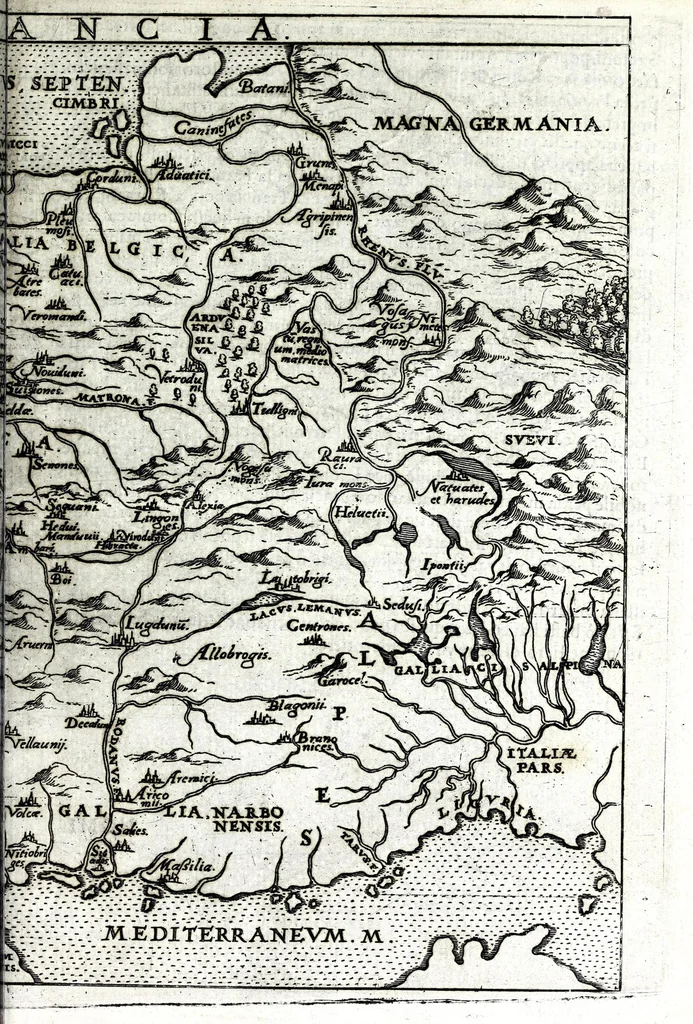 An illustration from I commentari di C. Givlio Cesare : con le figvre in rame de gli alloggiamenti, de' fatti d'arme, delle circonuallationi delle città, & di molte altre cose notabili descritte in essi, 1598, leaf 47