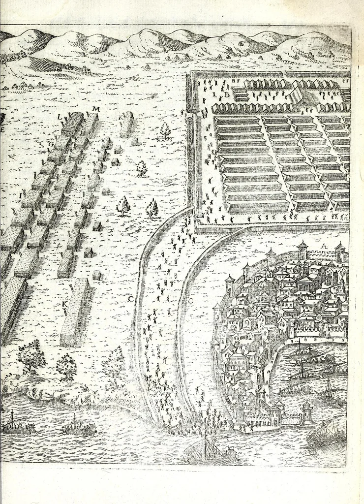 An illustration from I commentari di C. Givlio Cesare : con le figvre in rame de gli alloggiamenti, de' fatti d'arme, delle circonuallationi delle città, & di molte altre cose notabili descritte in essi, 1598, leaf 585