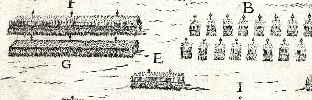 An illustration from I commentari di C. Givlio Cesare : con le figvre in rame de gli alloggiamenti, de' fatti d'arme, delle circonuallationi delle città, & di molte altre cose notabili descritte in essi, 1598, leaf 66