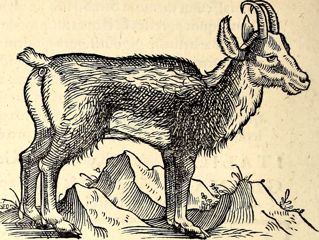 An illustration from Icones animalium quadrupedum uiuiparorum et ouiparorum : quae in Historiae animalium Conradi Gesneri libro I. et II. describuntur, cum nomenclaturis singulorum latinis, graecis, italicis, gallicis, et germanicis plerunque, et aliarum quoque linguarum, certis ordinibus digestae, 1560, leaf 45