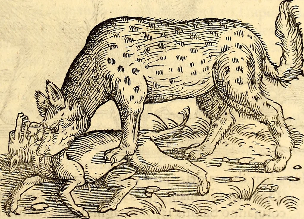 An illustration from Icones animalium quadrupedum uiuiparorum et ouiparorum : quae in Historiae animalium Conradi Gesneri libro I. et II. describuntur, cum nomenclaturis singulorum latinis, graecis, italicis, gallicis, et germanicis plerunque, et aliarum quoque linguarum, certis ordinibus digestae, 1560, leaf 84