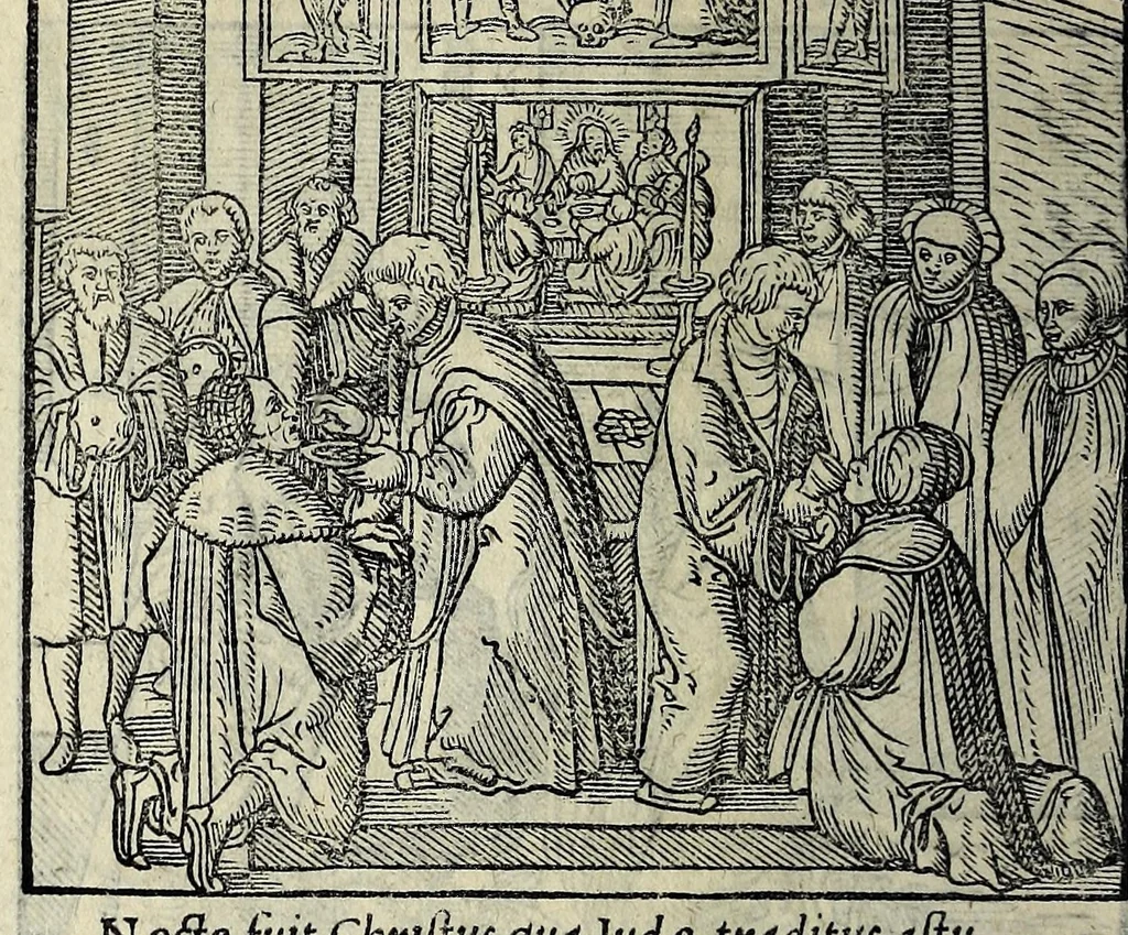 An illustration from Icones catecheseos et virtvtvm ac uitiorum illustratae numeris Iohannis Hofferi cobergensis : item. Historia passionis domini nostri Iesu Christi effigiata, 1558, leaf 48