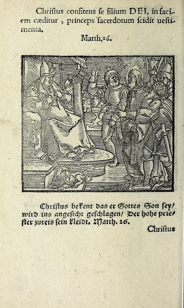 An illustration from Icones catecheseos et virtvtvm ac uitiorum illustratae numeris Iohannis Hofferi cobergensis : item. Historia passionis domini nostri Iesu Christi effigiata, 1558, leaf 82