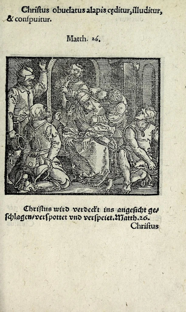 An illustration from Icones catecheseos et virtvtvm ac uitiorum illustratae numeris Iohannis Hofferi cobergensis : item. Historia passionis domini nostri Iesu Christi effigiata, 1558, leaf 83