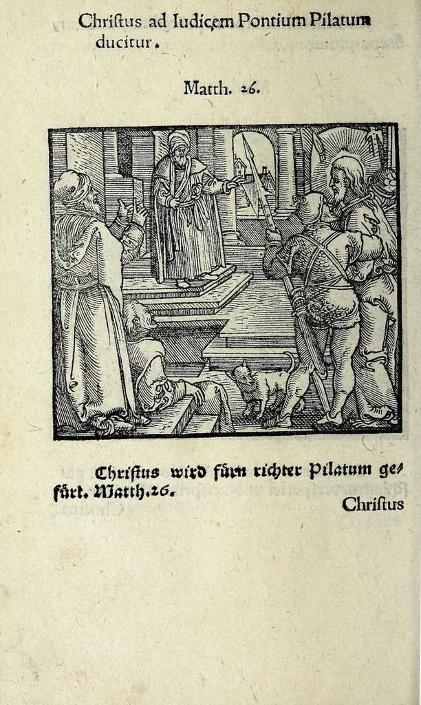 An illustration from Icones catecheseos et virtvtvm ac uitiorum illustratae numeris Iohannis Hofferi cobergensis : item. Historia passionis domini nostri Iesu Christi effigiata, 1558, leaf 84