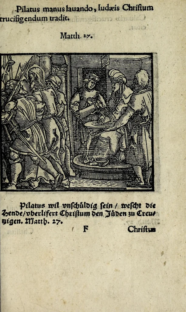 An illustration from Icones catecheseos et virtvtvm ac uitiorum illustratae numeris Iohannis Hofferi cobergensis : item. Historia passionis domini nostri Iesu Christi effigiata, 1558, leaf 89