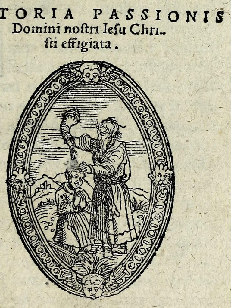An illustration from Icones catecheseos et virtvtvm ac uitiorum illustratae numeris Iohannis Hofferi cobergensis : item. Historia passionis domini nostri Iesu Christi effigiata, 1558, leaf 9