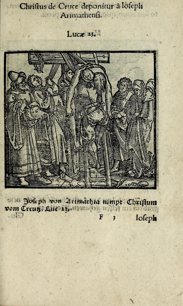 An illustration from Icones catecheseos et virtvtvm ac uitiorum illustratae numeris Iohannis Hofferi cobergensis : item. Historia passionis domini nostri Iesu Christi effigiata, 1558, leaf 93
