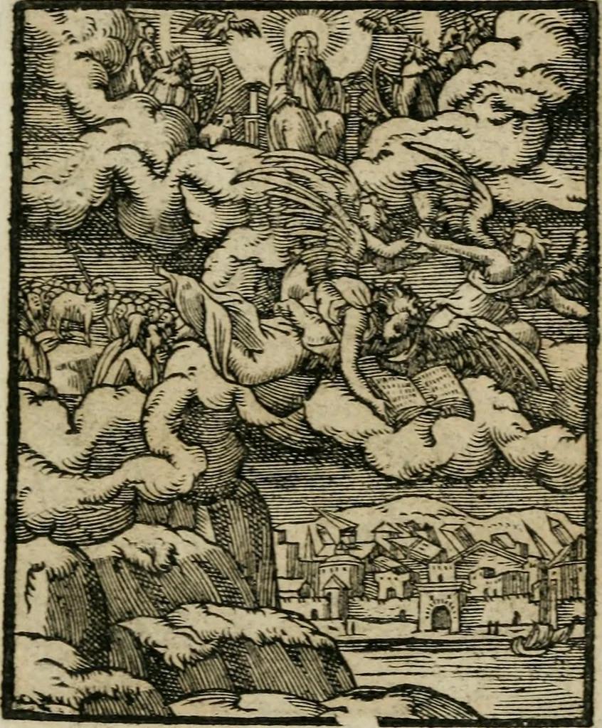 An illustration from Icones historicae Novi Testamenti, carminibus latinis et gallicis illustratae, in quibus exponitur historia in singulis exhibita figuris = Figures historiques du Nouveau Testament, accompagnées de quadrains en latin et en françois, qui exposent l'histoire representée en chaque figure, 1681, leaf 100