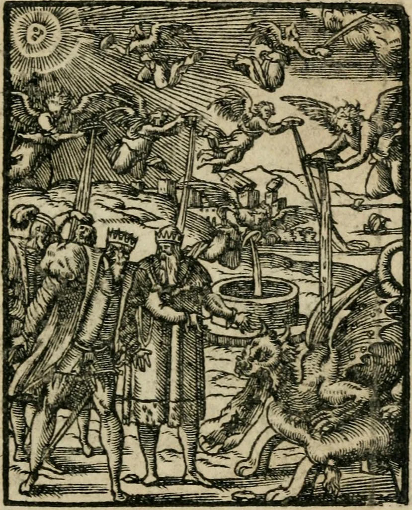 An illustration from Icones historicae Novi Testamenti, carminibus latinis et gallicis illustratae, in quibus exponitur historia in singulis exhibita figuris = Figures historiques du Nouveau Testament, accompagnées de quadrains en latin et en françois, qui exposent l'histoire representée en chaque figure, 1681, leaf 102