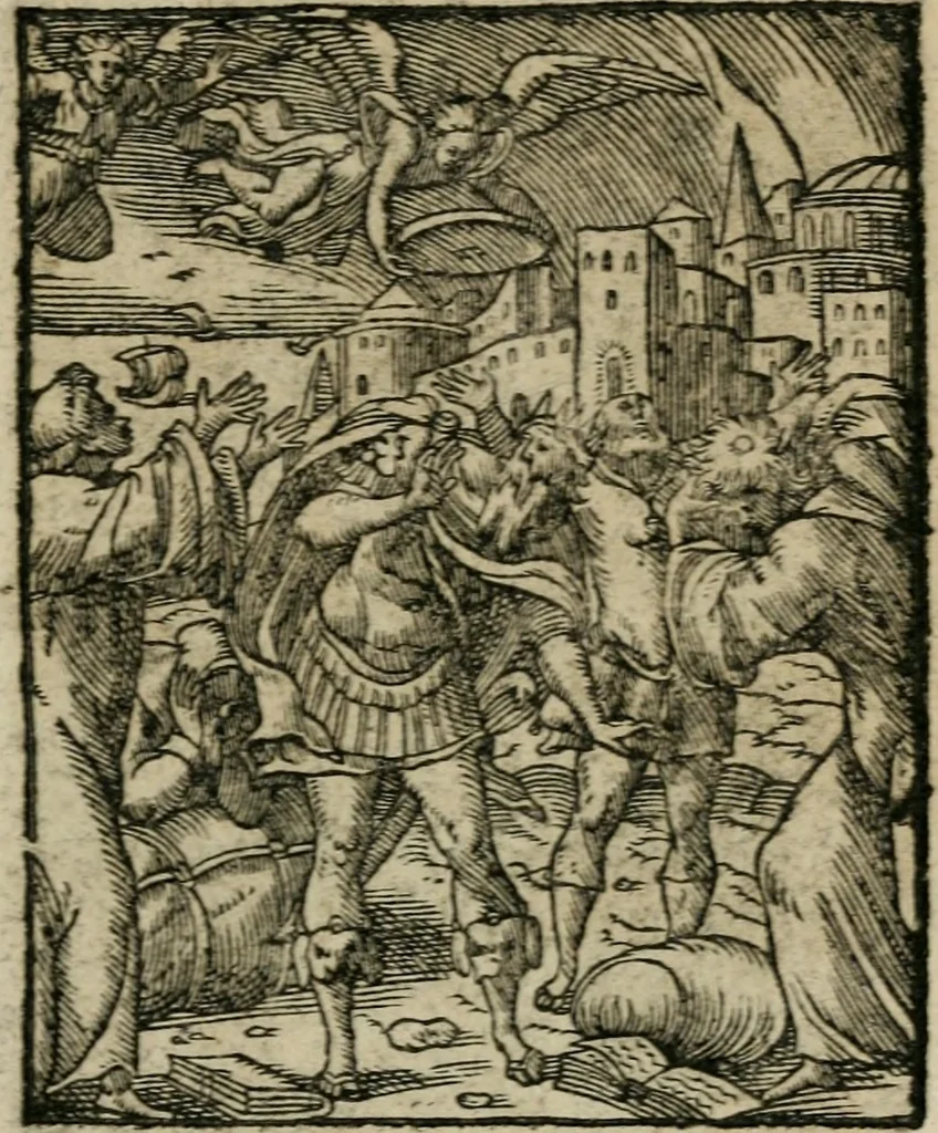 An illustration from Icones historicae Novi Testamenti, carminibus latinis et gallicis illustratae, in quibus exponitur historia in singulis exhibita figuris = Figures historiques du Nouveau Testament, accompagnées de quadrains en latin et en françois, qui exposent l'histoire representée en chaque figure, 1681, leaf 104