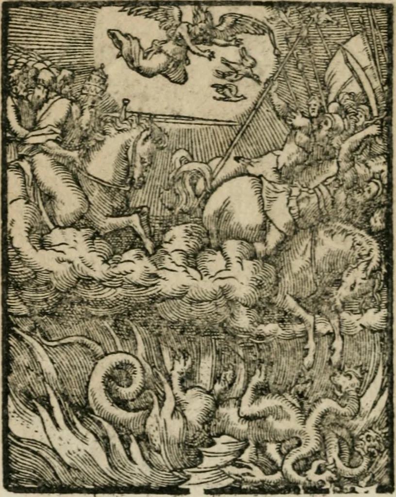 An illustration from Icones historicae Novi Testamenti, carminibus latinis et gallicis illustratae, in quibus exponitur historia in singulis exhibita figuris = Figures historiques du Nouveau Testament, accompagnées de quadrains en latin et en françois, qui exposent l'histoire representée en chaque figure, 1681, leaf 105