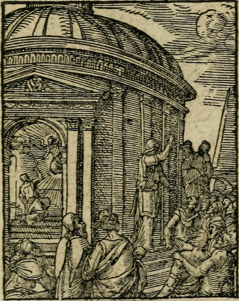 An illustration from Icones historicae Novi Testamenti, carminibus latinis et gallicis illustratae, in quibus exponitur historia in singulis exhibita figuris = Figures historiques du Nouveau Testament, accompagnées de quadrains en latin et en françois, qui exposent l'histoire representée en chaque figure, 1681, leaf 12