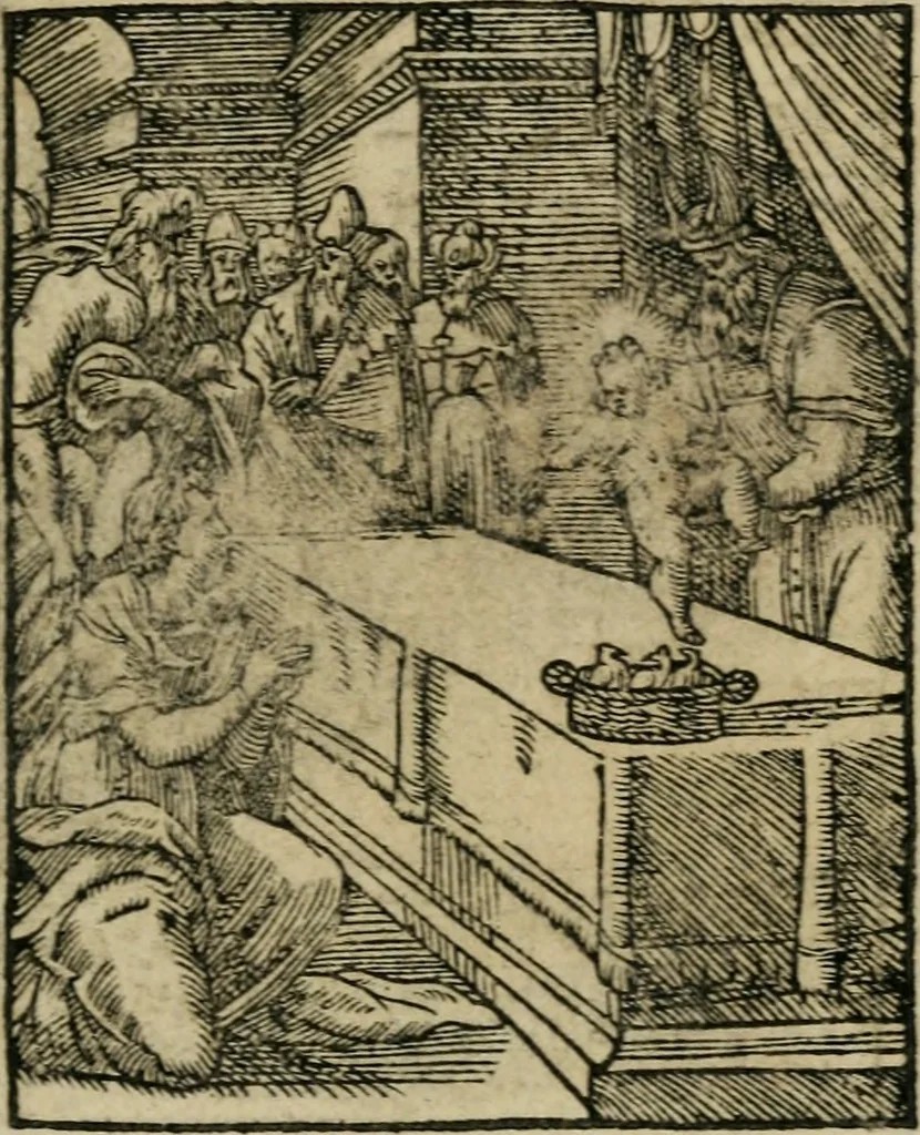An illustration from Icones historicae Novi Testamenti, carminibus latinis et gallicis illustratae, in quibus exponitur historia in singulis exhibita figuris = Figures historiques du Nouveau Testament, accompagnées de quadrains en latin et en françois, qui exposent l'histoire representée en chaque figure, 1681, leaf 18