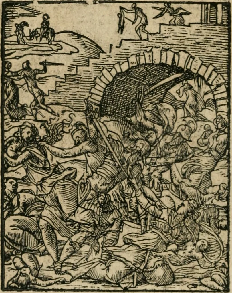 An illustration from Icones historicae Novi Testamenti, carminibus latinis et gallicis illustratae, in quibus exponitur historia in singulis exhibita figuris = Figures historiques du Nouveau Testament, accompagnées de quadrains en latin et en françois, qui exposent l'histoire representée en chaque figure, 1681, leaf 19