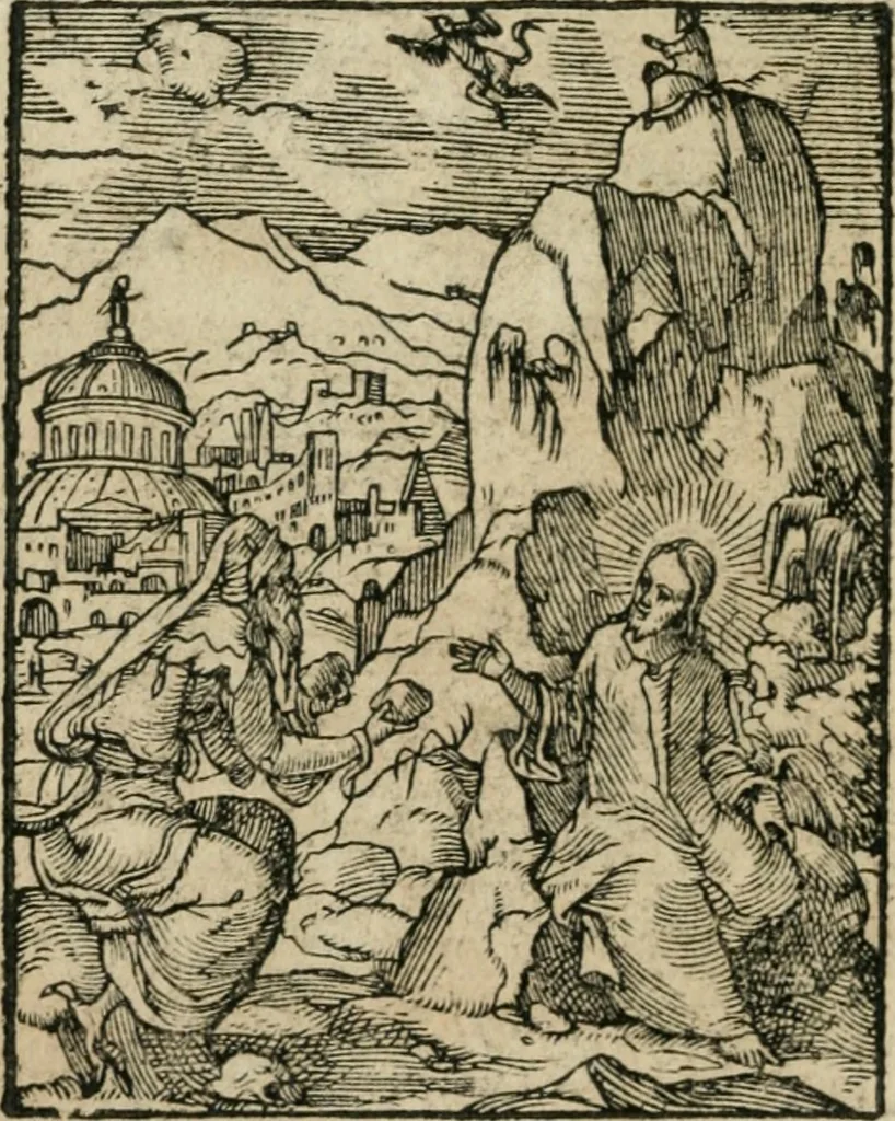 An illustration from Icones historicae Novi Testamenti, carminibus latinis et gallicis illustratae, in quibus exponitur historia in singulis exhibita figuris = Figures historiques du Nouveau Testament, accompagnées de quadrains en latin et en françois, qui exposent l'histoire representée en chaque figure, 1681, leaf 23