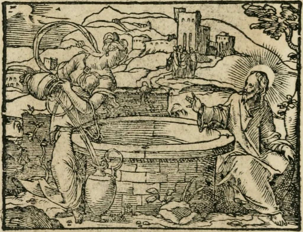 An illustration from Icones historicae Novi Testamenti, carminibus latinis et gallicis illustratae, in quibus exponitur historia in singulis exhibita figuris = Figures historiques du Nouveau Testament, accompagnées de quadrains en latin et en françois, qui exposent l'histoire representée en chaque figure, 1681, leaf 25