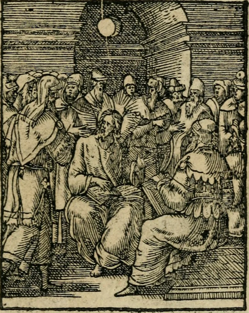 An illustration from Icones historicae Novi Testamenti, carminibus latinis et gallicis illustratae, in quibus exponitur historia in singulis exhibita figuris = Figures historiques du Nouveau Testament, accompagnées de quadrains en latin et en françois, qui exposent l'histoire representée en chaque figure, 1681, leaf 26