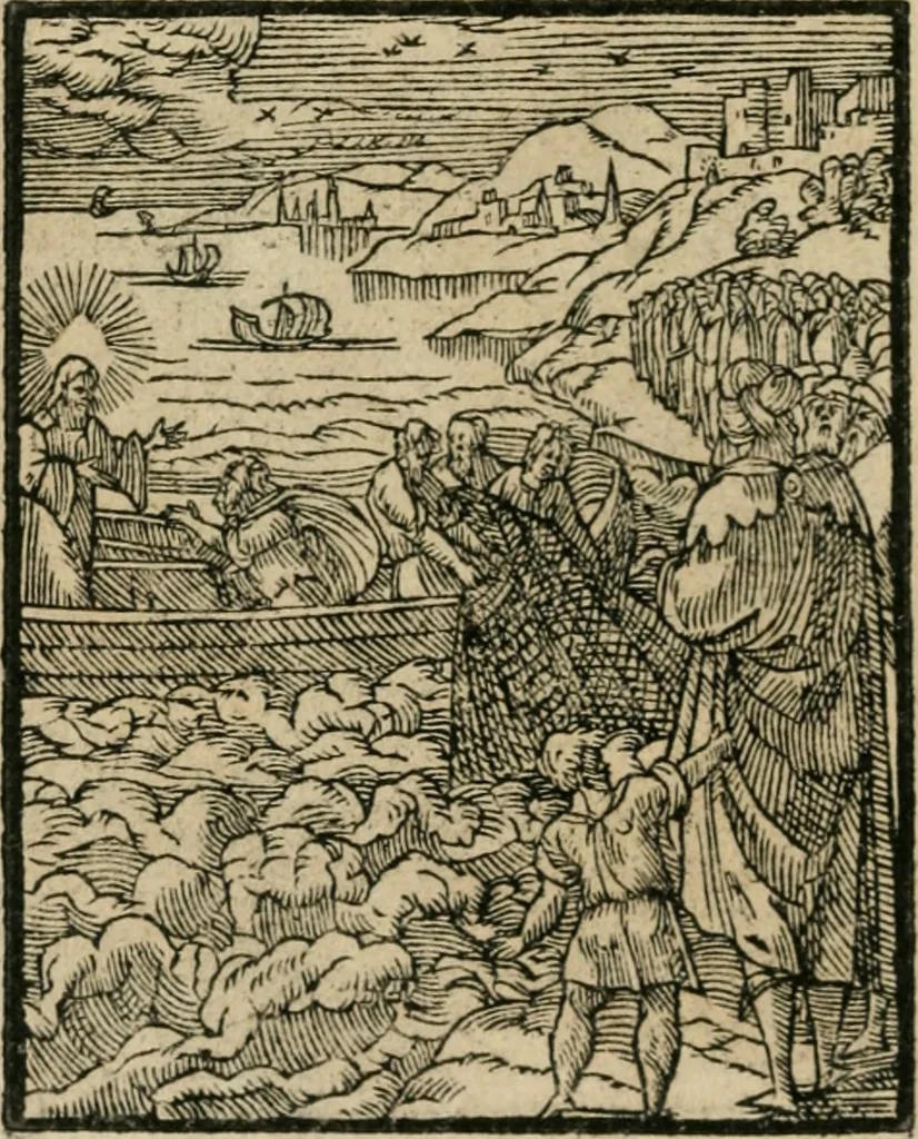 An illustration from Icones historicae Novi Testamenti, carminibus latinis et gallicis illustratae, in quibus exponitur historia in singulis exhibita figuris = Figures historiques du Nouveau Testament, accompagnées de quadrains en latin et en françois, qui exposent l'histoire representée en chaque figure, 1681, leaf 27