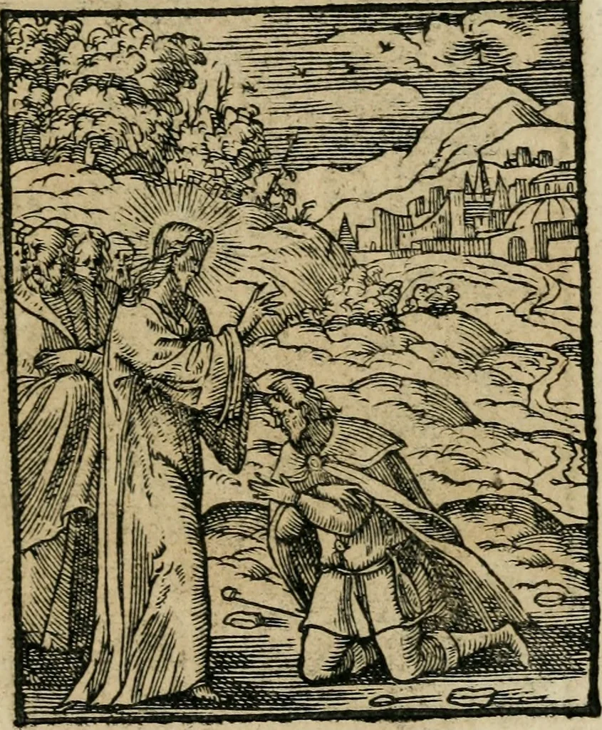 An illustration from Icones historicae Novi Testamenti, carminibus latinis et gallicis illustratae, in quibus exponitur historia in singulis exhibita figuris = Figures historiques du Nouveau Testament, accompagnées de quadrains en latin et en françois, qui exposent l'histoire representée en chaque figure, 1681, leaf 28