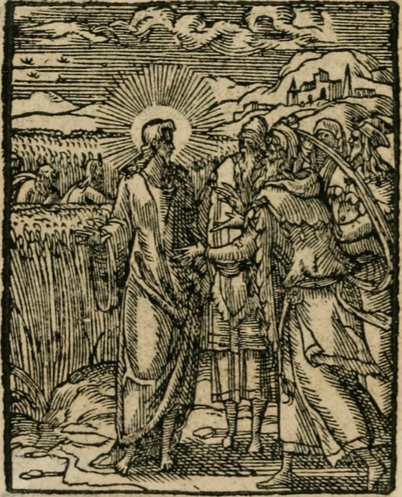 An illustration from Icones historicae Novi Testamenti, carminibus latinis et gallicis illustratae, in quibus exponitur historia in singulis exhibita figuris = Figures historiques du Nouveau Testament, accompagnées de quadrains en latin et en françois, qui exposent l'histoire representée en chaque figure, 1681, leaf 29
