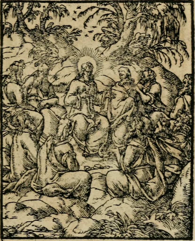 An illustration from Icones historicae Novi Testamenti, carminibus latinis et gallicis illustratae, in quibus exponitur historia in singulis exhibita figuris = Figures historiques du Nouveau Testament, accompagnées de quadrains en latin et en françois, qui exposent l'histoire representée en chaque figure, 1681, leaf 30