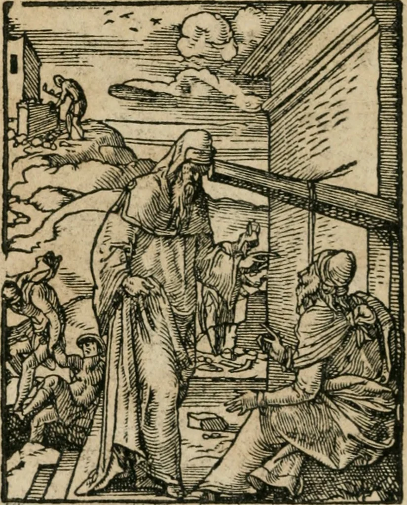 An illustration from Icones historicae Novi Testamenti, carminibus latinis et gallicis illustratae, in quibus exponitur historia in singulis exhibita figuris = Figures historiques du Nouveau Testament, accompagnées de quadrains en latin et en françois, qui exposent l'histoire representée en chaque figure, 1681, leaf 31