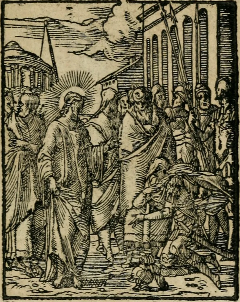 An illustration from Icones historicae Novi Testamenti, carminibus latinis et gallicis illustratae, in quibus exponitur historia in singulis exhibita figuris = Figures historiques du Nouveau Testament, accompagnées de quadrains en latin et en françois, qui exposent l'histoire representée en chaque figure, 1681, leaf 32