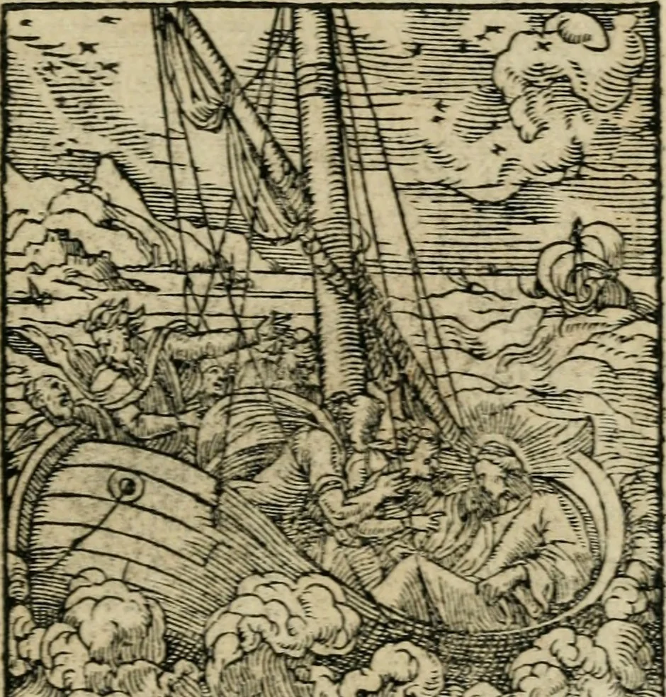 An illustration from Icones historicae Novi Testamenti, carminibus latinis et gallicis illustratae, in quibus exponitur historia in singulis exhibita figuris = Figures historiques du Nouveau Testament, accompagnées de quadrains en latin et en françois, qui exposent l'histoire representée en chaque figure, 1681, leaf 34