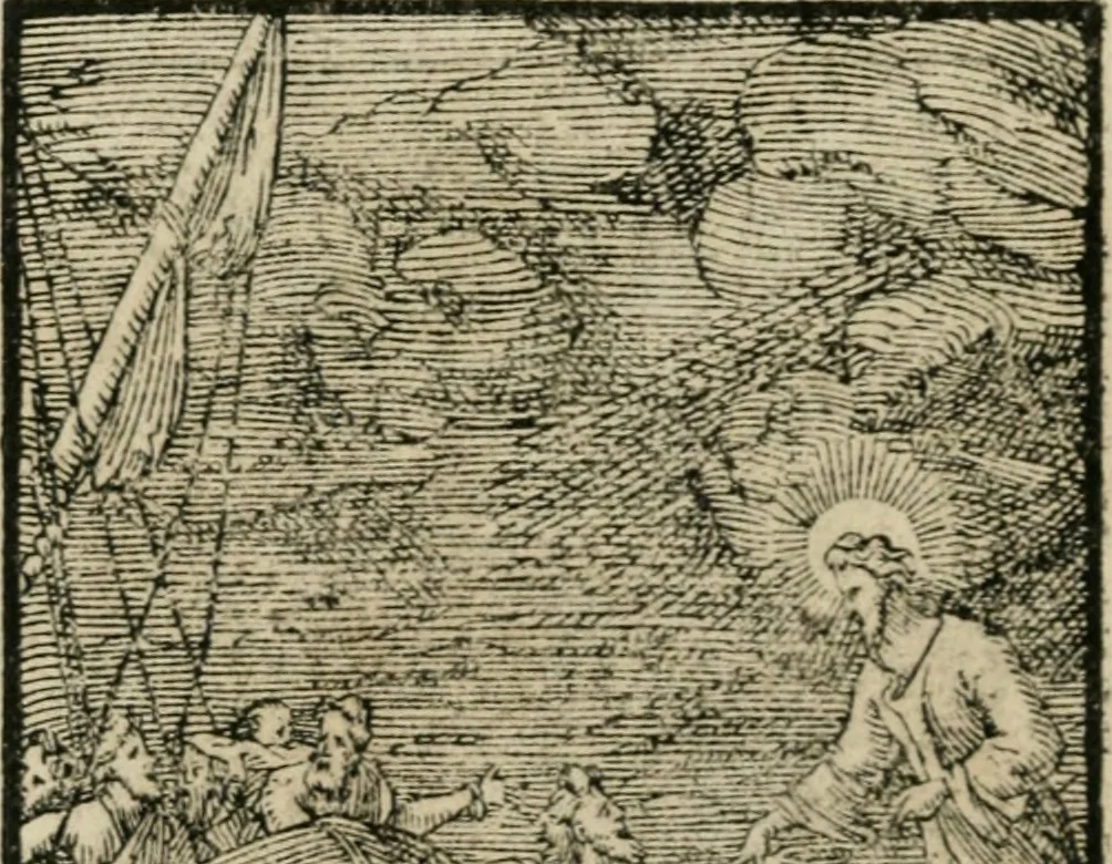 An illustration from Icones historicae Novi Testamenti, carminibus latinis et gallicis illustratae, in quibus exponitur historia in singulis exhibita figuris = Figures historiques du Nouveau Testament, accompagnées de quadrains en latin et en françois, qui exposent l'histoire representée en chaque figure, 1681, leaf 35