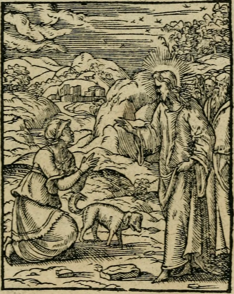 An illustration from Icones historicae Novi Testamenti, carminibus latinis et gallicis illustratae, in quibus exponitur historia in singulis exhibita figuris = Figures historiques du Nouveau Testament, accompagnées de quadrains en latin et en françois, qui exposent l'histoire representée en chaque figure, 1681, leaf 36