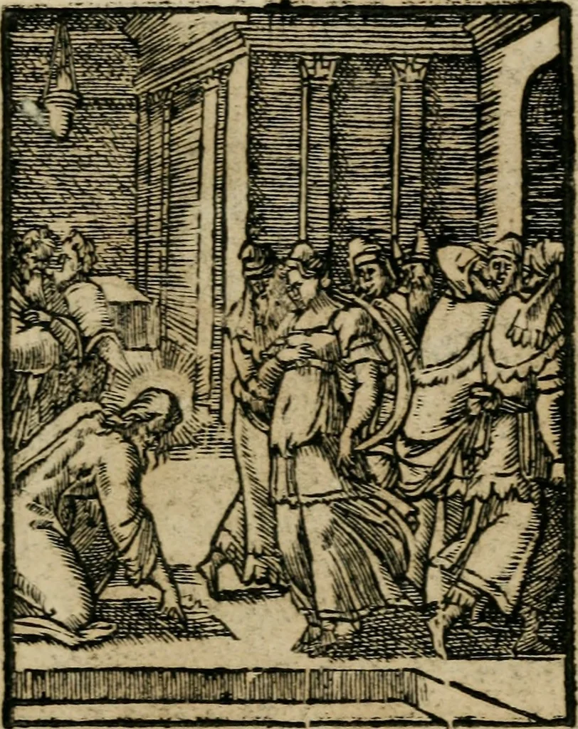 An illustration from Icones historicae Novi Testamenti, carminibus latinis et gallicis illustratae, in quibus exponitur historia in singulis exhibita figuris = Figures historiques du Nouveau Testament, accompagnées de quadrains en latin et en françois, qui exposent l'histoire representée en chaque figure, 1681, leaf 38