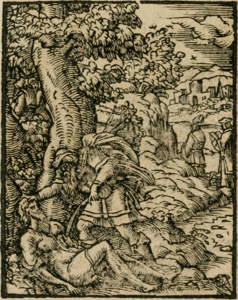 An illustration from Icones historicae Novi Testamenti, carminibus latinis et gallicis illustratae, in quibus exponitur historia in singulis exhibita figuris = Figures historiques du Nouveau Testament, accompagnées de quadrains en latin et en françois, qui exposent l'histoire representée en chaque figure, 1681, leaf 41