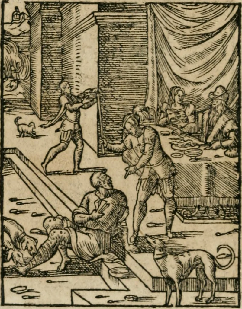 An illustration from Icones historicae Novi Testamenti, carminibus latinis et gallicis illustratae, in quibus exponitur historia in singulis exhibita figuris = Figures historiques du Nouveau Testament, accompagnées de quadrains en latin et en françois, qui exposent l'histoire representée en chaque figure, 1681, leaf 43