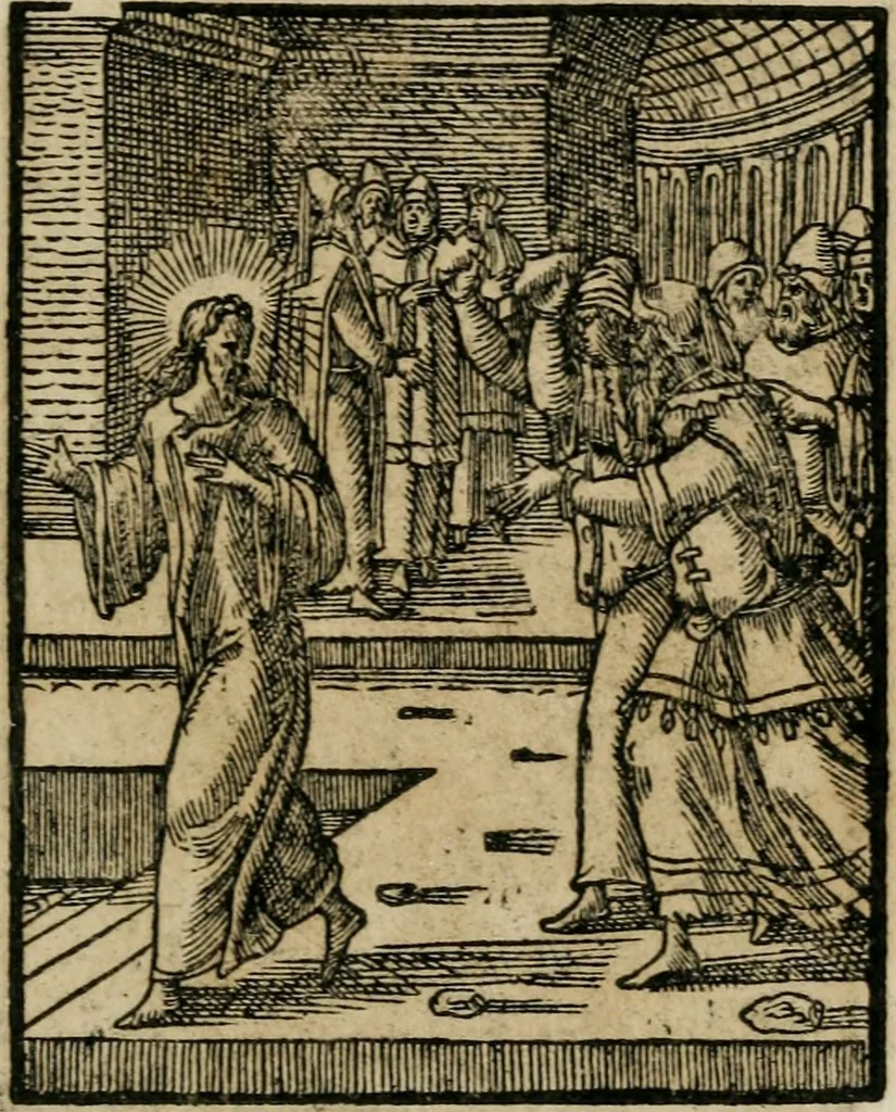 An illustration from Icones historicae Novi Testamenti, carminibus latinis et gallicis illustratae, in quibus exponitur historia in singulis exhibita figuris = Figures historiques du Nouveau Testament, accompagnées de quadrains en latin et en françois, qui exposent l'histoire representée en chaque figure, 1681, leaf 44