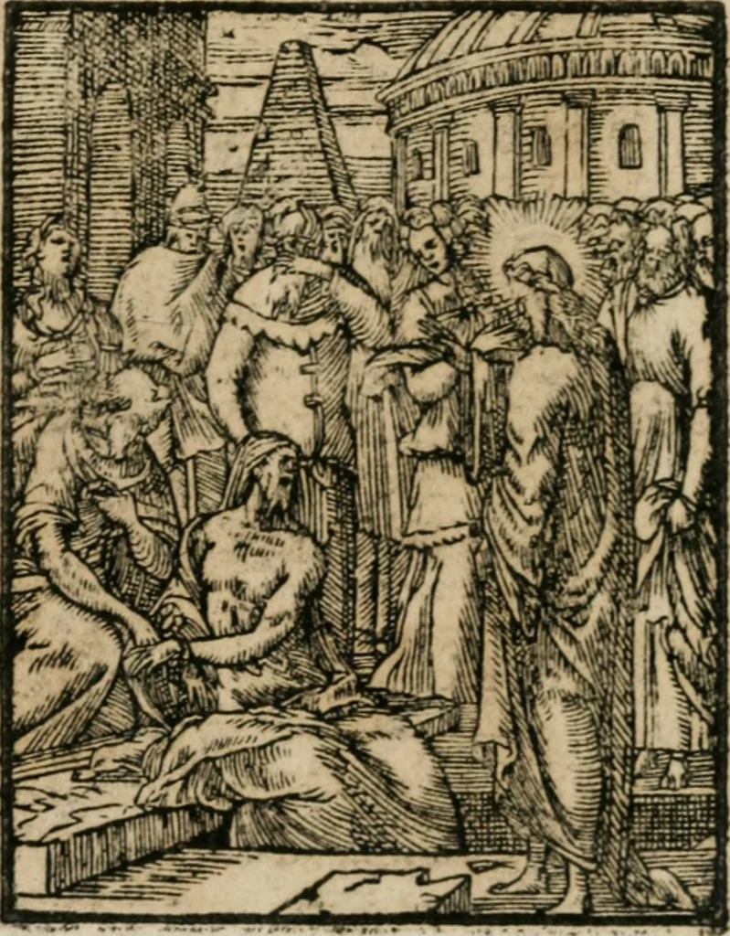 An illustration from Icones historicae Novi Testamenti, carminibus latinis et gallicis illustratae, in quibus exponitur historia in singulis exhibita figuris = Figures historiques du Nouveau Testament, accompagnées de quadrains en latin et en françois, qui exposent l'histoire representée en chaque figure, 1681, leaf 45