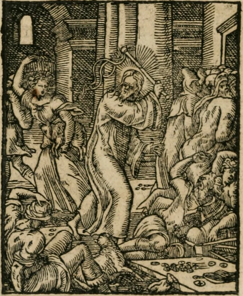 An illustration from Icones historicae Novi Testamenti, carminibus latinis et gallicis illustratae, in quibus exponitur historia in singulis exhibita figuris = Figures historiques du Nouveau Testament, accompagnées de quadrains en latin et en françois, qui exposent l'histoire representée en chaque figure, 1681, leaf 47