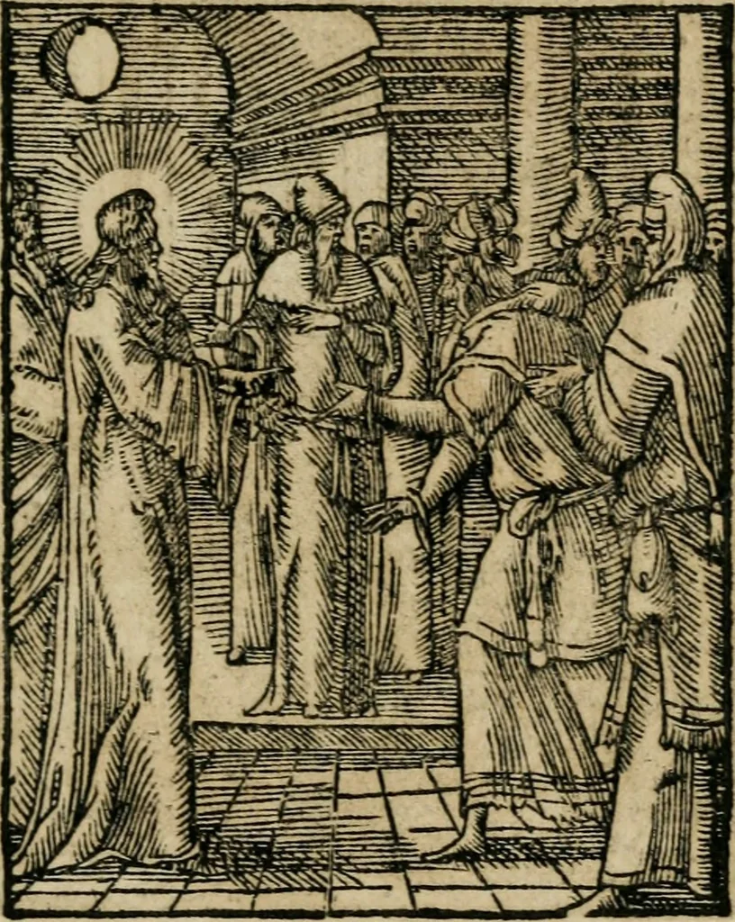 An illustration from Icones historicae Novi Testamenti, carminibus latinis et gallicis illustratae, in quibus exponitur historia in singulis exhibita figuris = Figures historiques du Nouveau Testament, accompagnées de quadrains en latin et en françois, qui exposent l'histoire representée en chaque figure, 1681, leaf 48