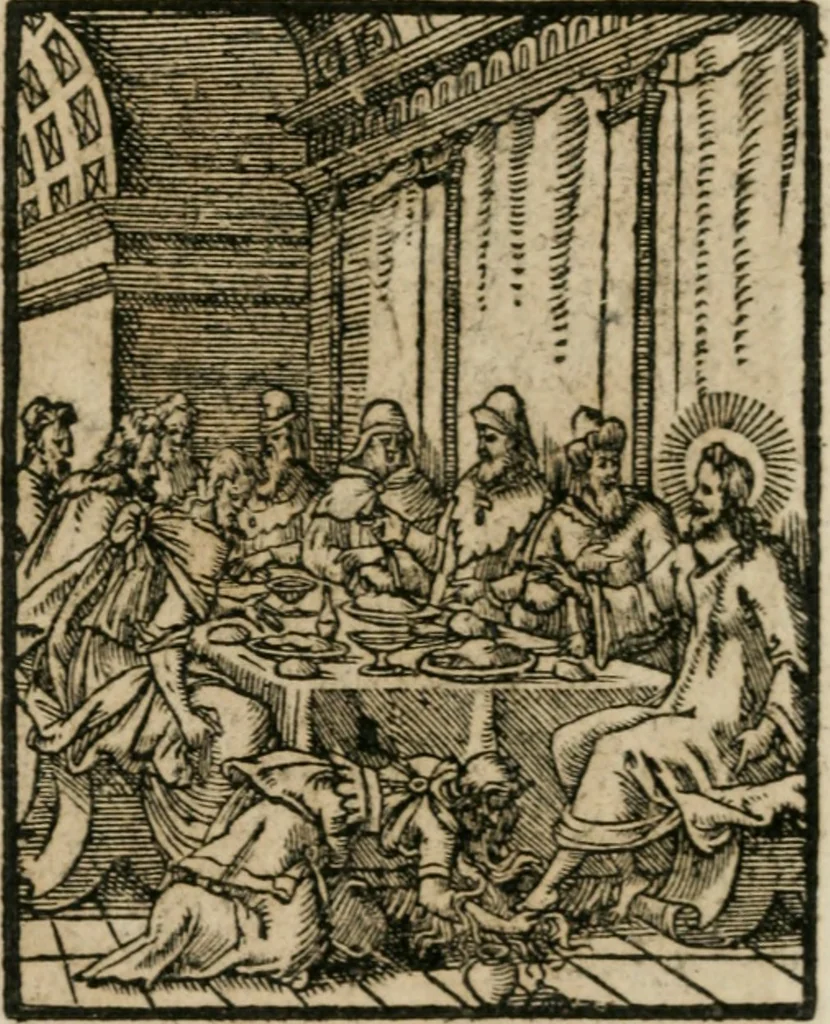 An illustration from Icones historicae Novi Testamenti, carminibus latinis et gallicis illustratae, in quibus exponitur historia in singulis exhibita figuris = Figures historiques du Nouveau Testament, accompagnées de quadrains en latin et en françois, qui exposent l'histoire representée en chaque figure, 1681, leaf 49
