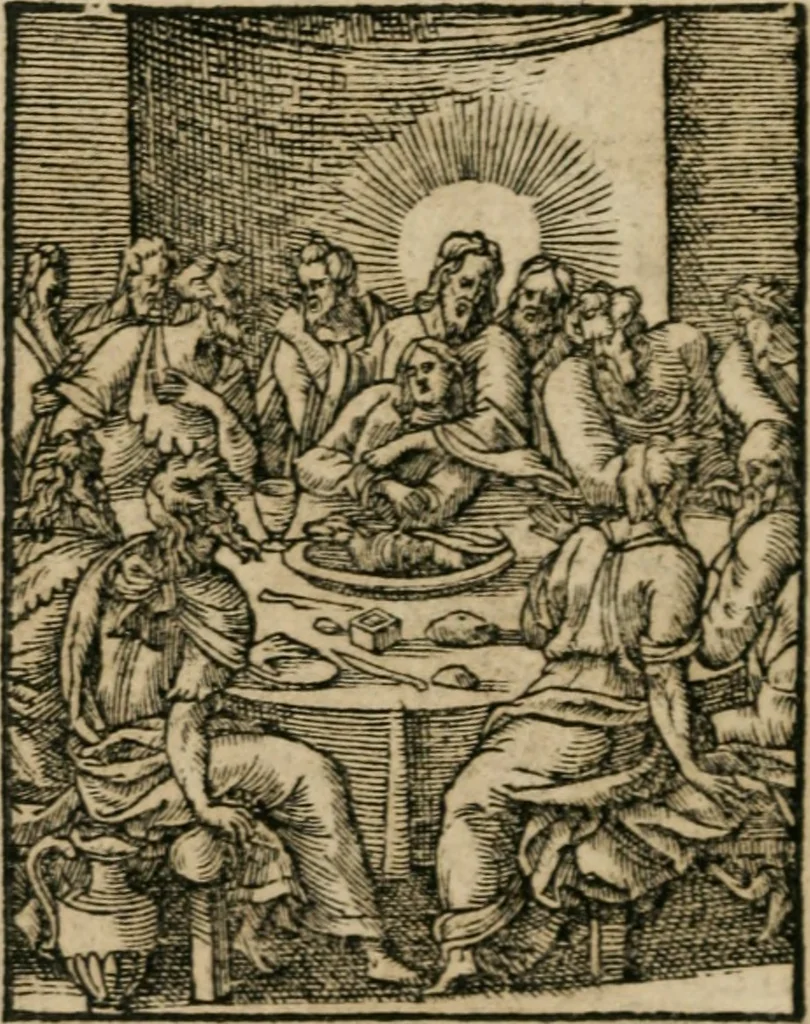 An illustration from Icones historicae Novi Testamenti, carminibus latinis et gallicis illustratae, in quibus exponitur historia in singulis exhibita figuris = Figures historiques du Nouveau Testament, accompagnées de quadrains en latin et en françois, qui exposent l'histoire representée en chaque figure, 1681, leaf 51