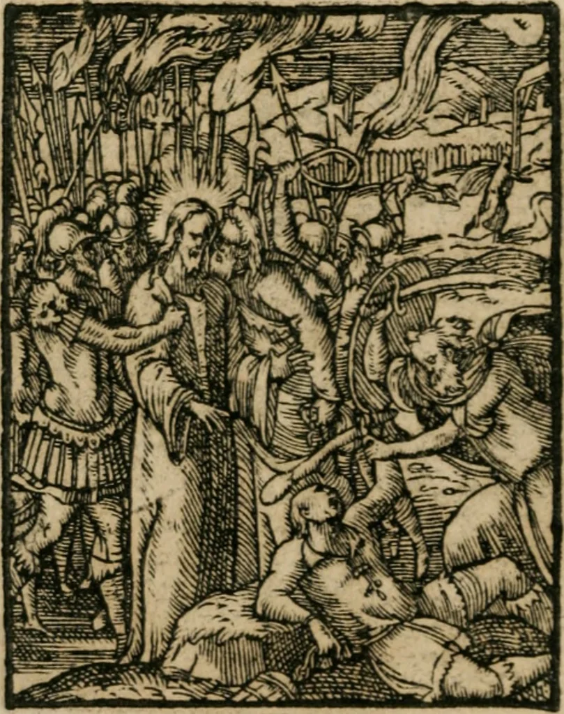 An illustration from Icones historicae Novi Testamenti, carminibus latinis et gallicis illustratae, in quibus exponitur historia in singulis exhibita figuris = Figures historiques du Nouveau Testament, accompagnées de quadrains en latin et en françois, qui exposent l'histoire representée en chaque figure, 1681, leaf 53