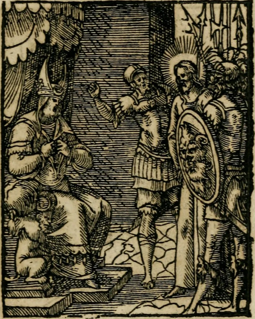 An illustration from Icones historicae Novi Testamenti, carminibus latinis et gallicis illustratae, in quibus exponitur historia in singulis exhibita figuris = Figures historiques du Nouveau Testament, accompagnées de quadrains en latin et en françois, qui exposent l'histoire representée en chaque figure, 1681, leaf 54