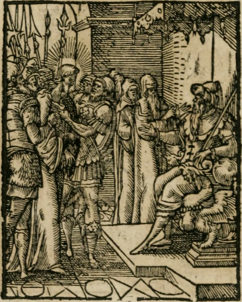 An illustration from Icones historicae Novi Testamenti, carminibus latinis et gallicis illustratae, in quibus exponitur historia in singulis exhibita figuris = Figures historiques du Nouveau Testament, accompagnées de quadrains en latin et en françois, qui exposent l'histoire representée en chaque figure, 1681, leaf 55