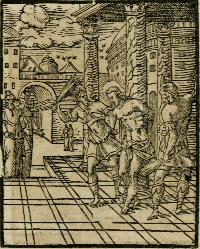 An illustration from Icones historicae Novi Testamenti, carminibus latinis et gallicis illustratae, in quibus exponitur historia in singulis exhibita figuris = Figures historiques du Nouveau Testament, accompagnées de quadrains en latin et en françois, qui exposent l'histoire representée en chaque figure, 1681, leaf 56
