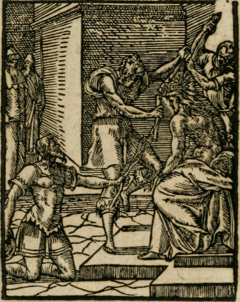 An illustration from Icones historicae Novi Testamenti, carminibus latinis et gallicis illustratae, in quibus exponitur historia in singulis exhibita figuris = Figures historiques du Nouveau Testament, accompagnées de quadrains en latin et en françois, qui exposent l'histoire representée en chaque figure, 1681, leaf 57