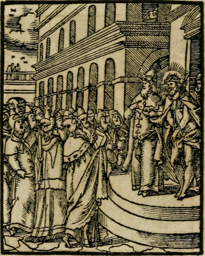 An illustration from Icones historicae Novi Testamenti, carminibus latinis et gallicis illustratae, in quibus exponitur historia in singulis exhibita figuris = Figures historiques du Nouveau Testament, accompagnées de quadrains en latin et en françois, qui exposent l'histoire representée en chaque figure, 1681, leaf 58