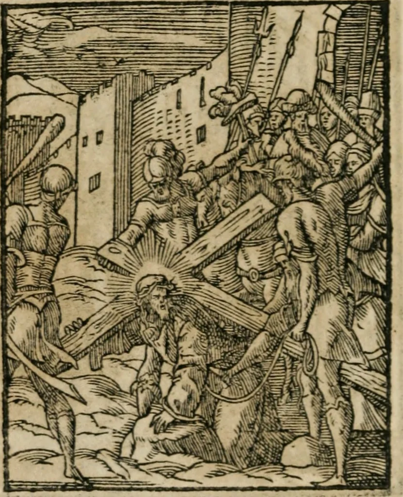 An illustration from Icones historicae Novi Testamenti, carminibus latinis et gallicis illustratae, in quibus exponitur historia in singulis exhibita figuris = Figures historiques du Nouveau Testament, accompagnées de quadrains en latin et en françois, qui exposent l'histoire representée en chaque figure, 1681, leaf 59